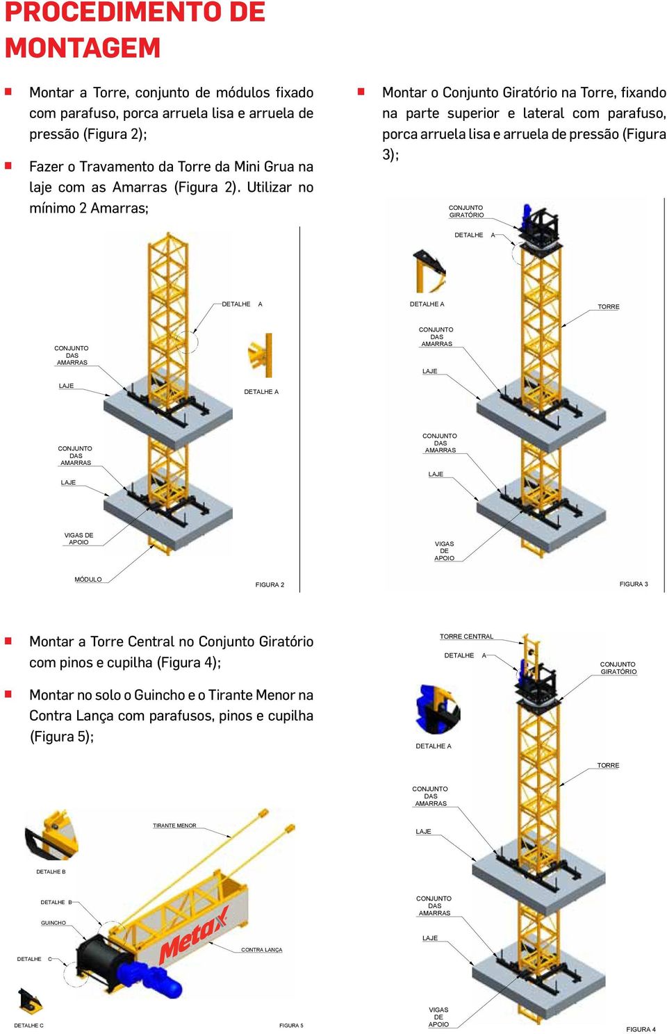 Utilizar no mínimo 2 Amarras; Montar o Conjunto Giratório na Torre, fixando na parte superior e lateral com parafuso, porca arruela lisa e arruela de pressão (Figura 3); GIRATÓRIO DETALHE A DETALHE A