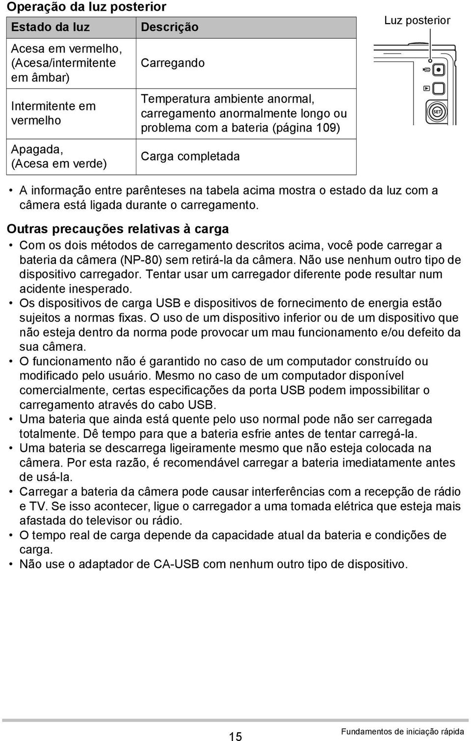 durante o carregamento. Outras precauções relativas à carga Com os dois métodos de carregamento descritos acima, você pode carregar a bateria da câmera (NP-80) sem retirá-la da câmera.