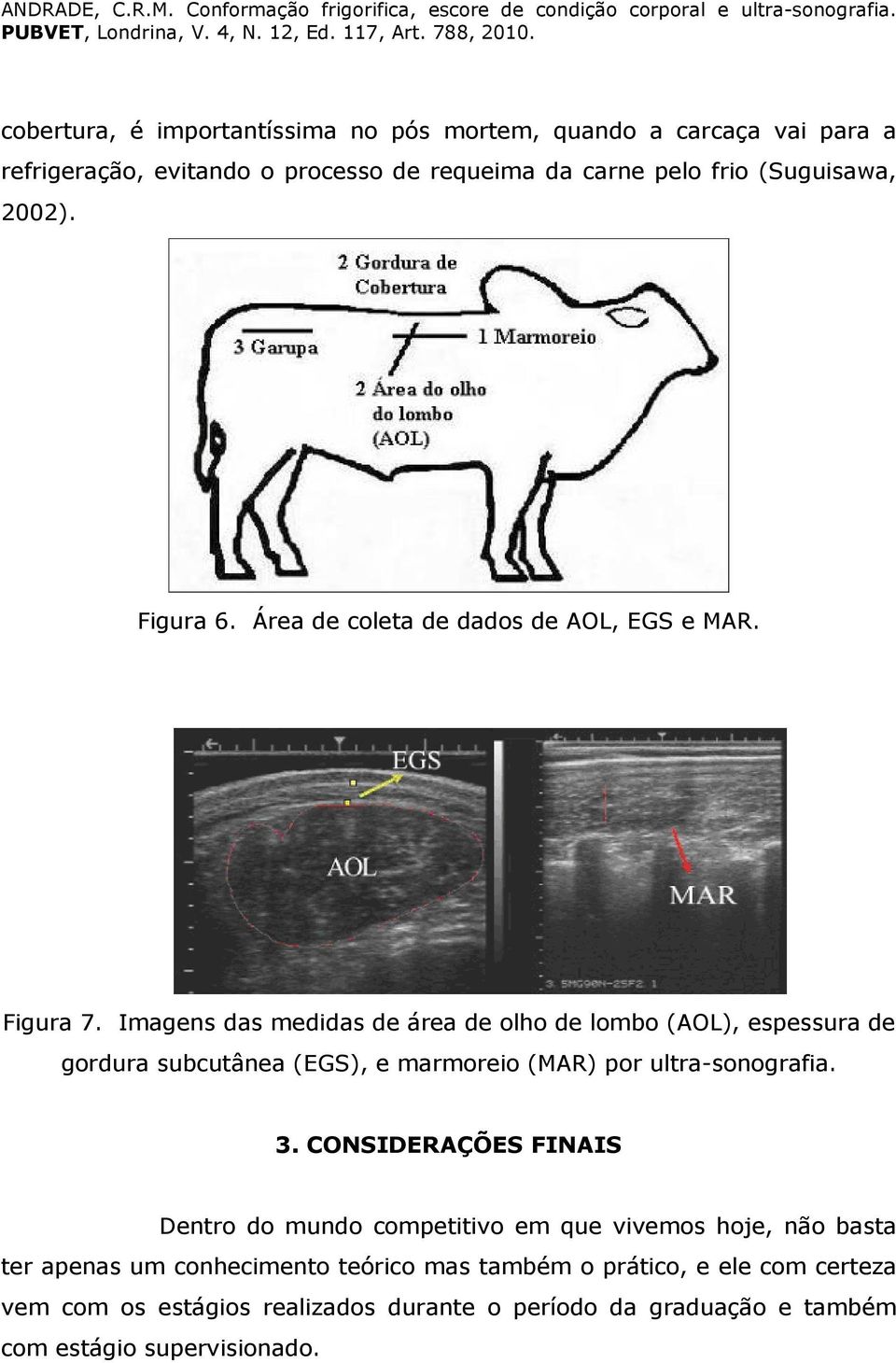 Imagens das medidas de área de olho de lombo (AOL), espessura de gordura subcutânea (EGS), e marmoreio (MAR) por ultra-sonografia. 3.