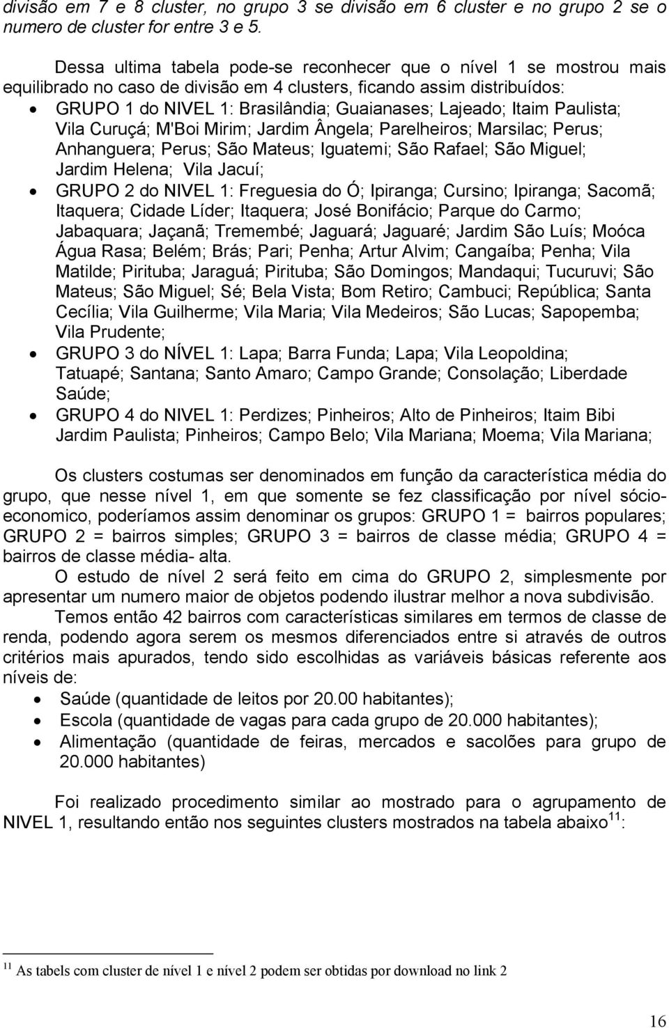 Itaim Paulista; Vila Curuçá; M'Boi Mirim; Jardim Ângela; Parelheiros; Marsilac; Perus; Anhanguera; Perus; São Mateus; Iguatemi; São Rafael; São Miguel; Jardim Helena; Vila Jacuí; GRUPO 2 do NIVEL 1: