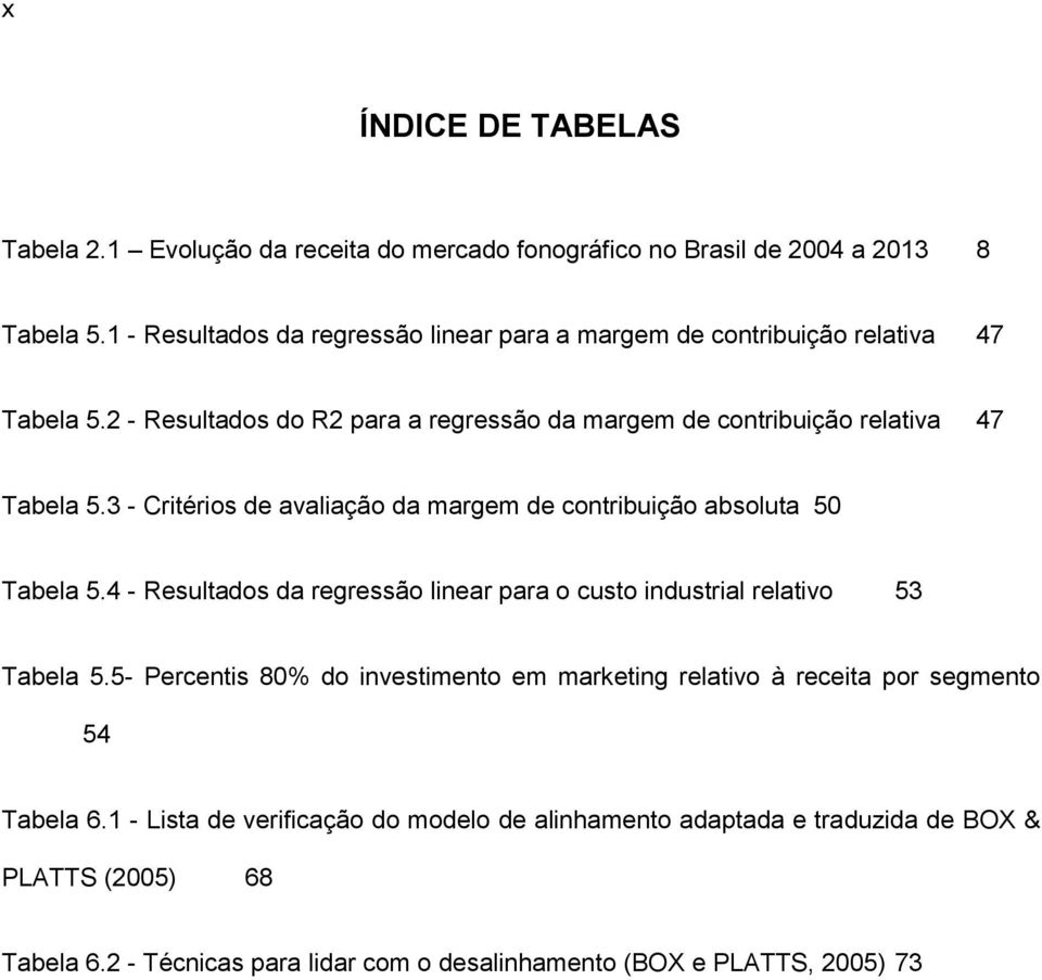 3 - Critérios de avaliação da margem de contribuição absoluta 50 Tabela 5.4 - Resultados da regressão linear para o custo industrial relativo 53 Tabela 5.