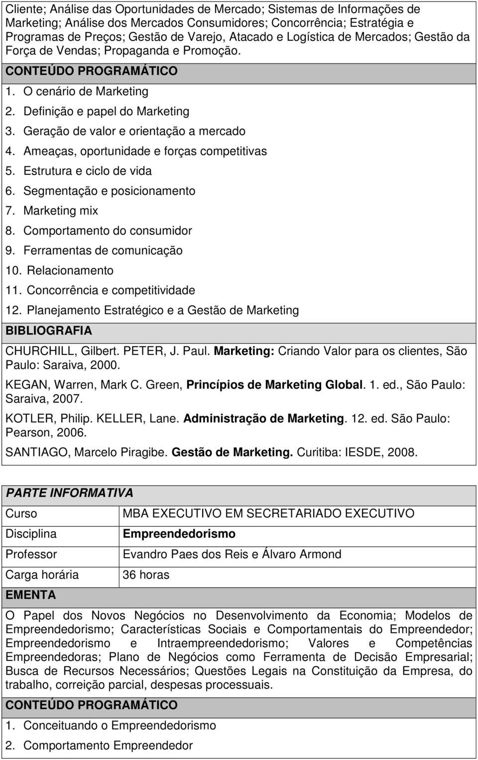 Ameaças, oportunidade e forças competitivas 5. Estrutura e ciclo de vida 6. Segmentação e posicionamento 7. Marketing mix 8. Comportamento do consumidor 9. Ferramentas de comunicação 10.