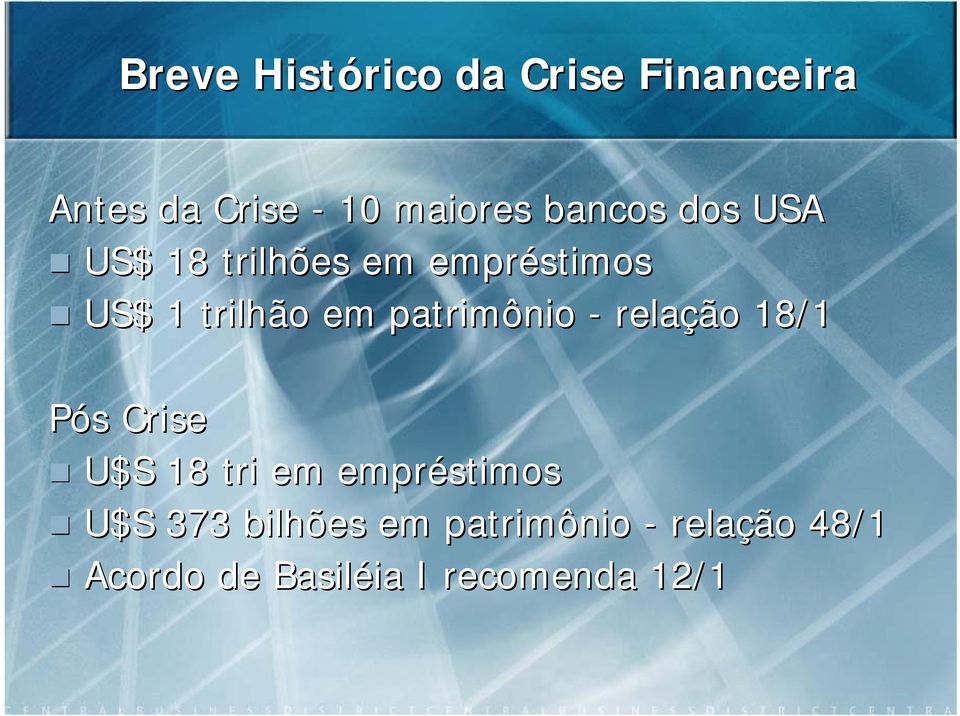 patrimônio - relação 18/1 Pós s Crise U$S 18 tri em empréstimos U$S