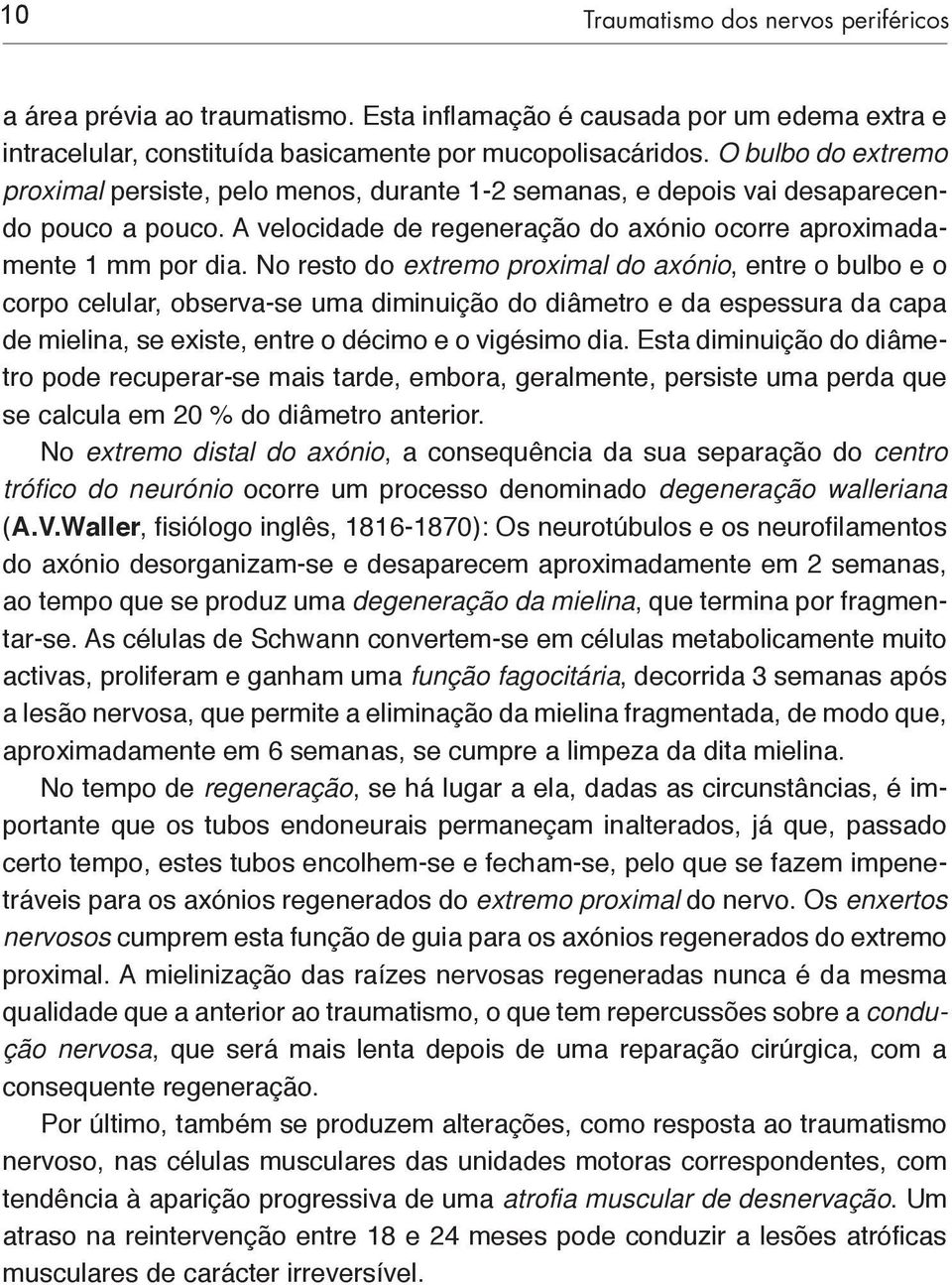 No resto do extremo proximal do axónio, entre o bulbo e o corpo celular, observa-se uma diminuição do diâmetro e da espessura da capa de mielina, se existe, entre o décimo e o vigésimo dia.