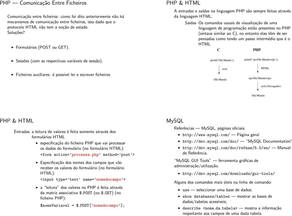 PHP & HTML A entradas e saídas na linguagem PHP são sempre feitas através da linguagem HTML: Saídas Os comandos usuais de visualização de uma linguagem de programação estão presentes no PHP (sintaxe