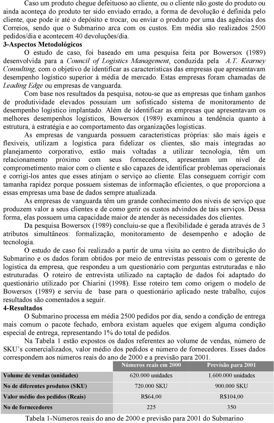 3-Aspectos Metodológicos O estudo de caso, foi baseado em uma pesquisa feita por Bowersox (1989) desenvolvida para a Council of Logistics Management, conduzida pela A.T.