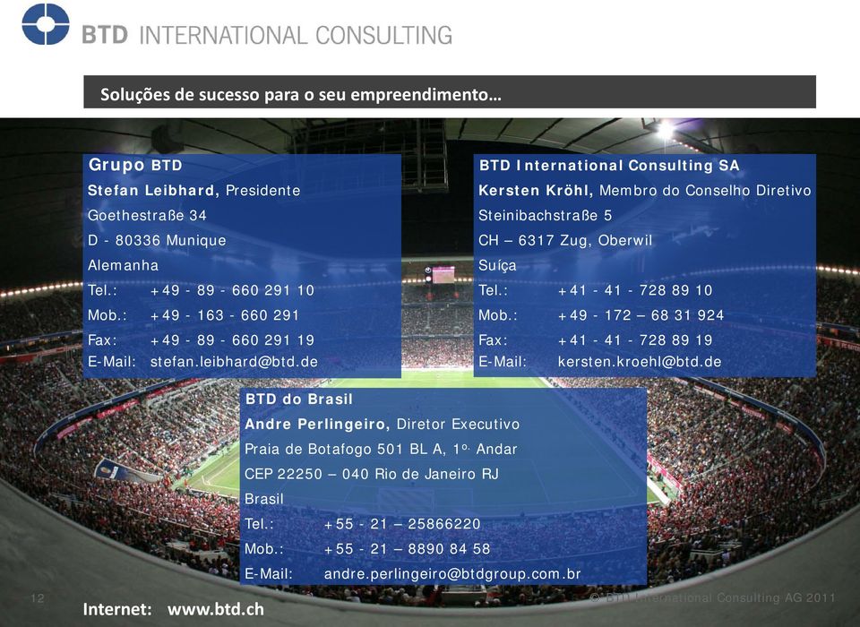 de BTD International Consulting SA Kersten Kröhl, Membro do Conselho Diretivo Steinibachstraße 5 CH 6317 Zug, Oberwil Suíça Tel.: +41-41 - 728 89 10 Mob.