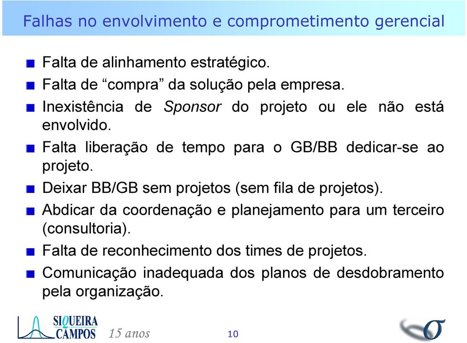 Falta liberação de tempo para o GB/BB dedicar-se ao projeto. Deixar BB/GB sem projetos (sem fila de projetos).