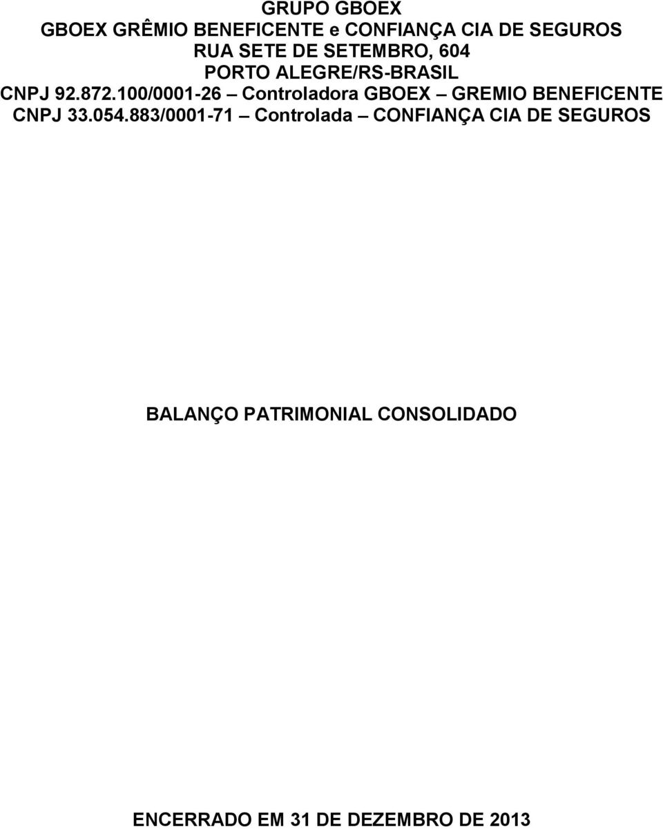 100/0001-26 Controladora GBOEX GREMIO BENEFICENTE CNPJ 33.054.