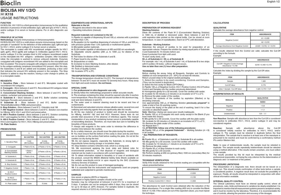 PRINCIPLE OF ACTION Methodology: Enzyme immunoassay or immunoenzymetric Kit BIOLISA HIV 1/2/O is a solid phase enzyme immunoassay based on the principle of sandwich for the detection of total