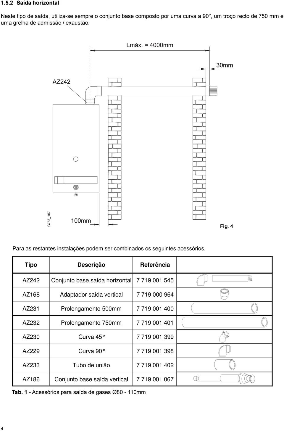 Tipo Descrição Referência AZ242 Conjunto base saída horizontal 7 719 001 545 AZ168 Adaptador saída vertical 7 719 000 964 AZ231 Prolongamento 500mm 7 719 001 400