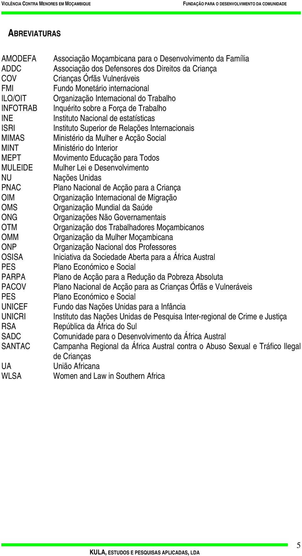 Inquérito sobre a Força de Trabalho Instituto Nacional de estatísticas Instituto Superior de Relações Internacionais Ministério da Mulher e Acção Social Ministério do Interior Movimento Educação para