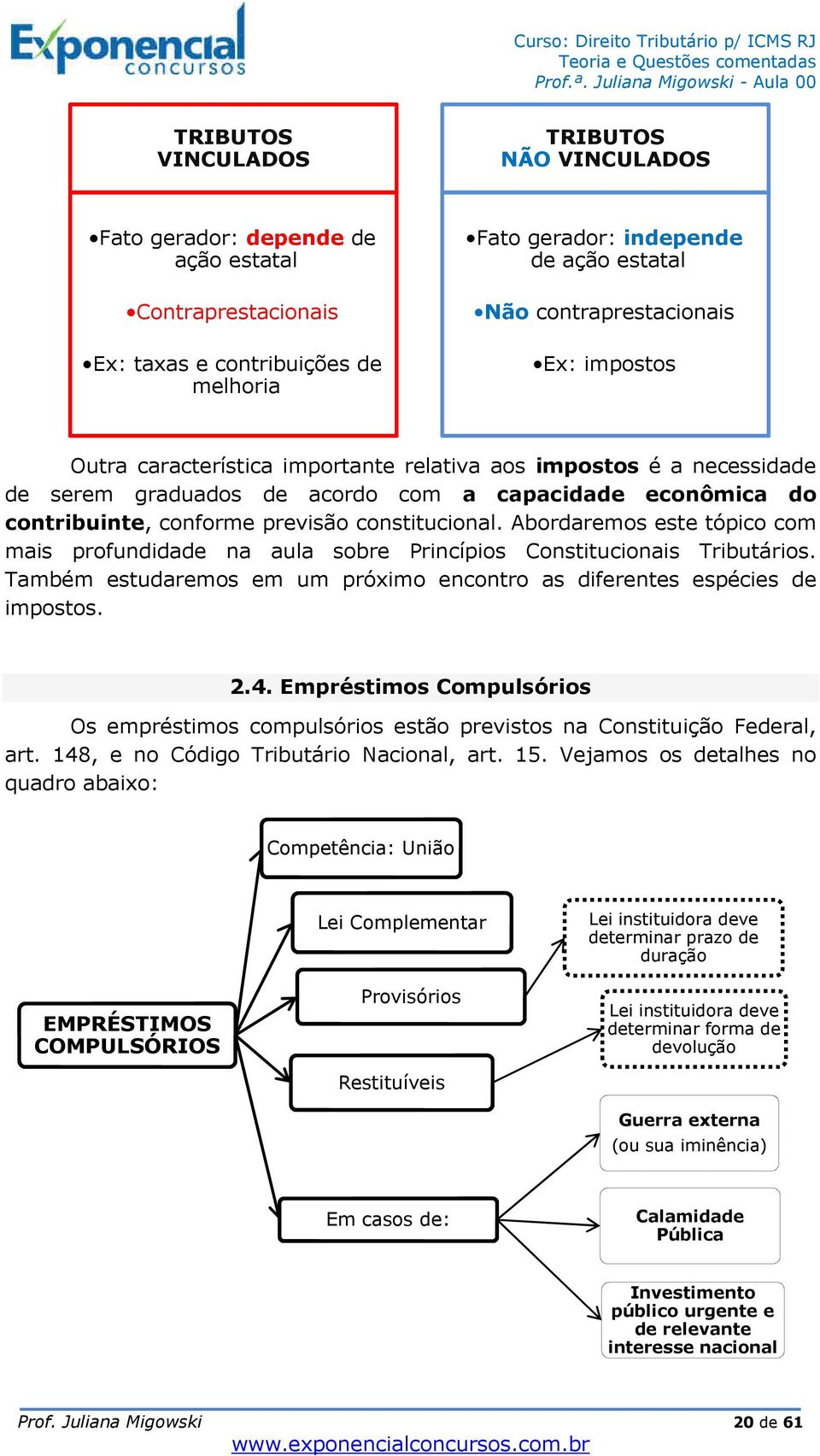 constitucional. Abordaremos este tópico com mais profundidade na aula sobre Princípios Constitucionais Tributários. Também estudaremos em um próximo encontro as diferentes espécies de impostos. 2.4.