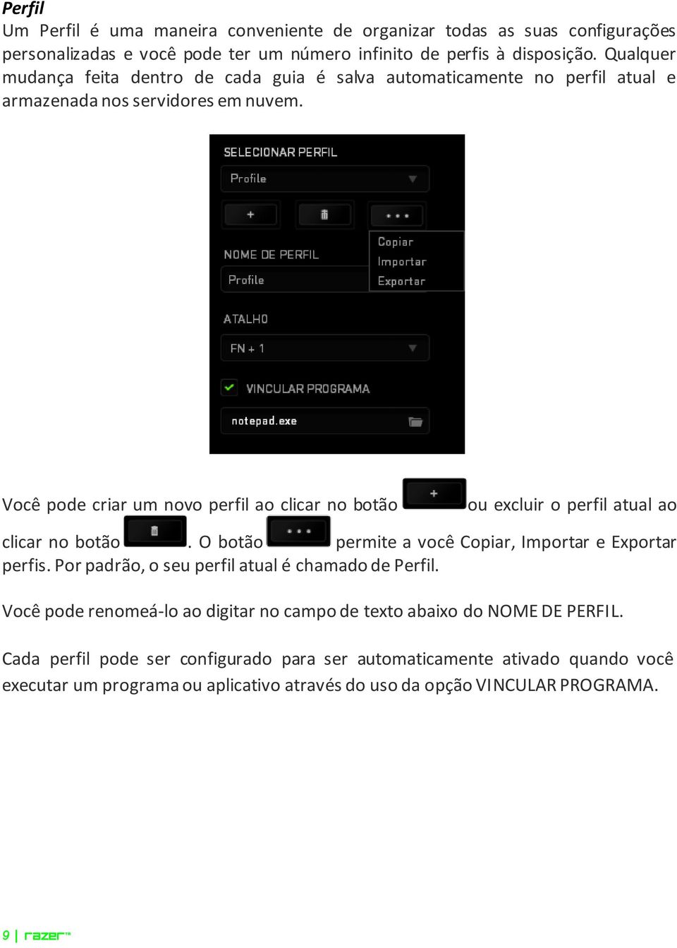 Você pode criar um novo perfil ao clicar no botão ou excluir o perfil atual ao clicar no botão. O botão permite a você Copiar, Importar e Exportar perfis.