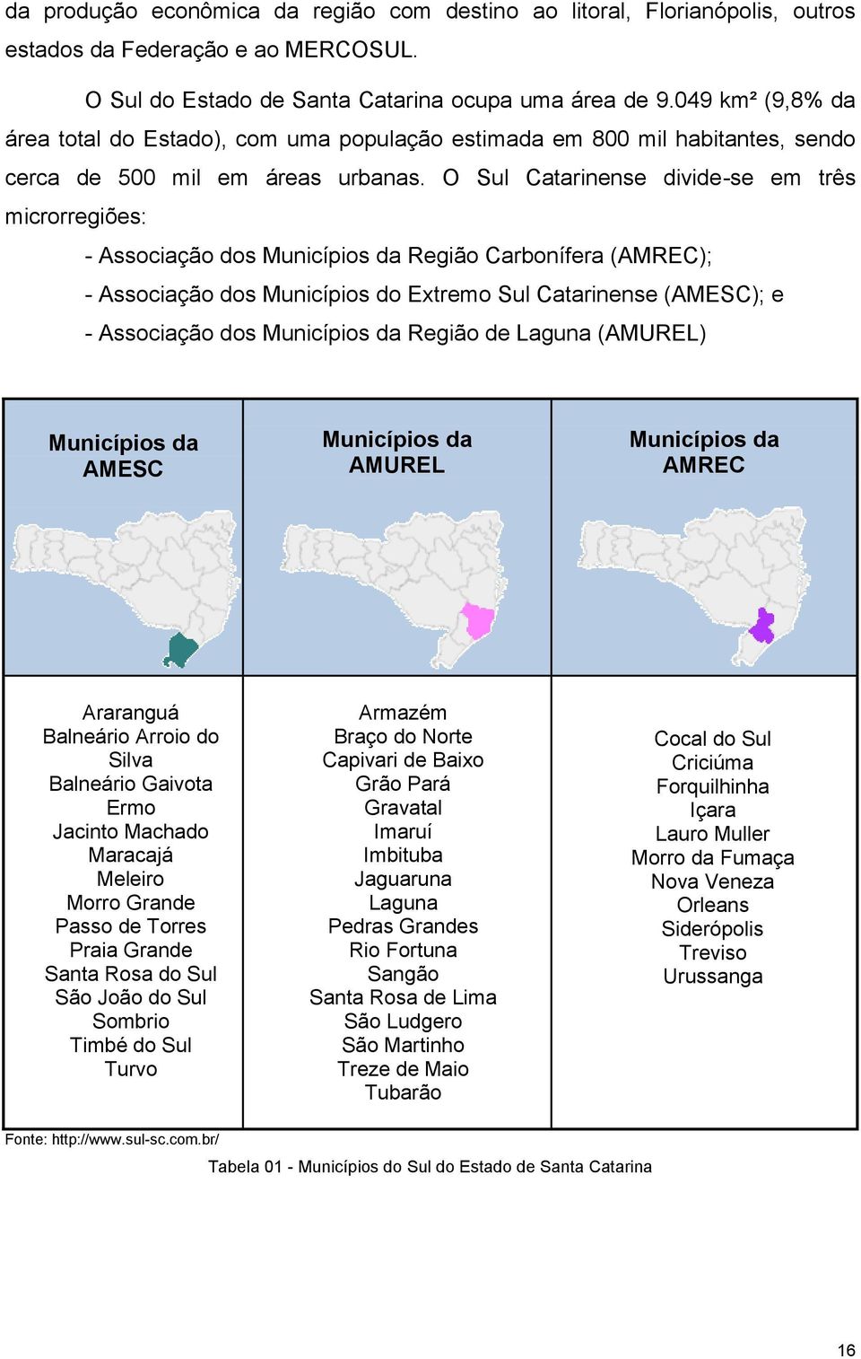 O Sul Catarinense divide-se em três microrregiões: - Associação dos Municípios da Região Carbonífera (AMREC); - Associação dos Municípios do Extremo Sul Catarinense (AMESC); e - Associação dos