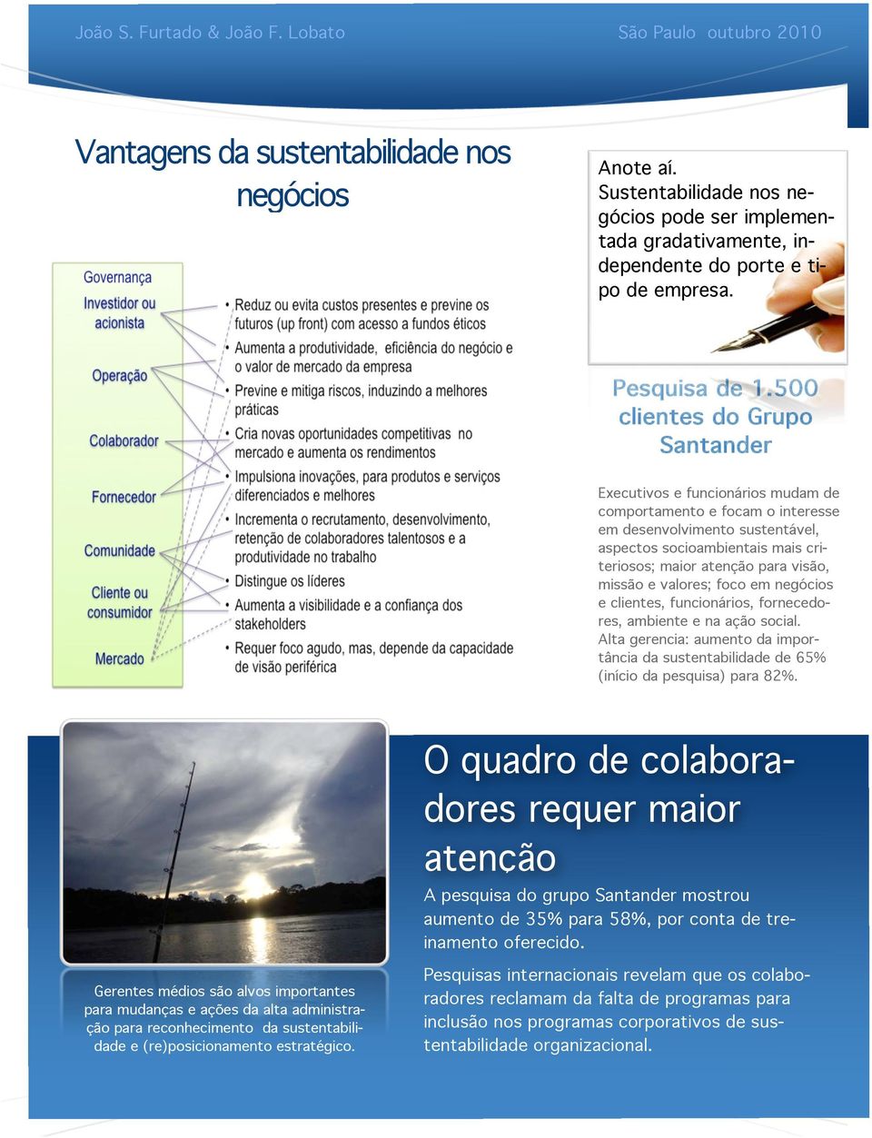 visão, missão e valores; foco em negócios e clientes, funcionários, fornecedores, ambiente e na ação social.