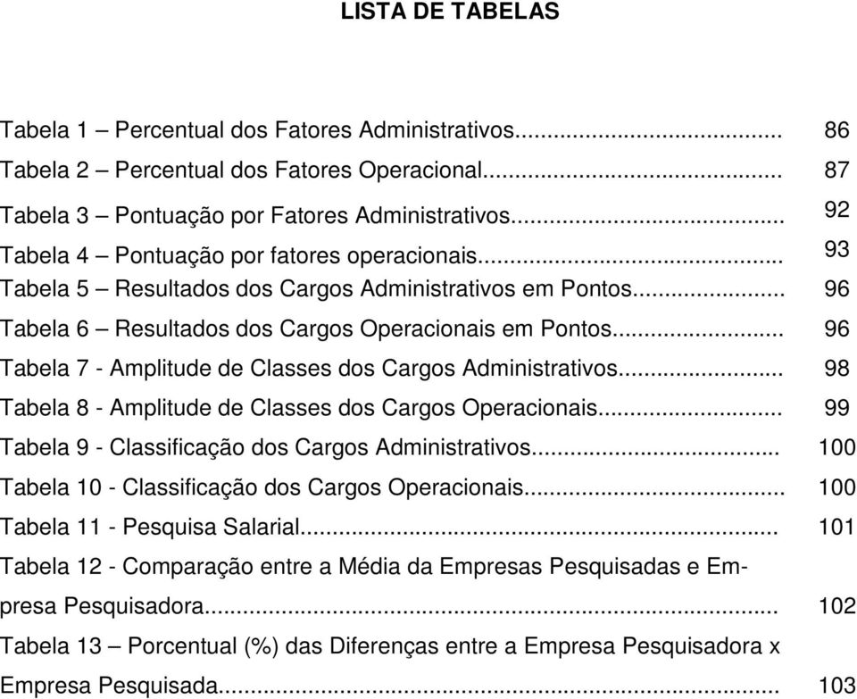 .. 96 Tabela 7 - Amplitude de Classes dos Cargos Administrativos... 98 Tabela 8 - Amplitude de Classes dos Cargos Operacionais... 99 Tabela 9 - Classificação dos Cargos Administrativos.