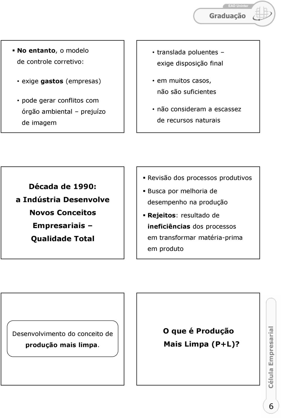 Novos Conceitos Empresariais Qualidade Total Revisão dos processos produtivos Busca por melhoria de desempenho na produção Rejeitos: resultado de