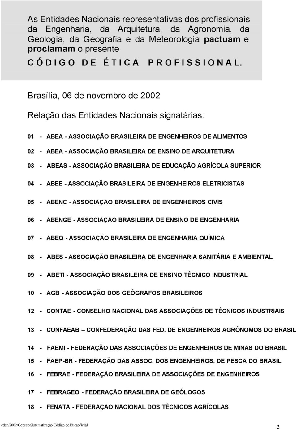 Brasília, 06 de novembro de 2002 Relação das Entidades Nacionais signatárias: 01 - ABEA - ASSOCIAÇÃO BRASILEIRA DE ENGENHEIROS DE ALIMENTOS 02 - ABEA - ASSOCIAÇÃO BRASILEIRA DE ENSINO DE ARQUITETURA