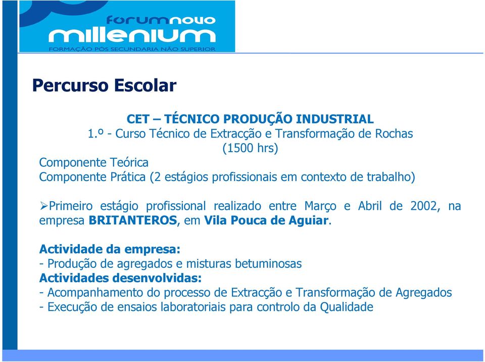 contexto de trabalho) Primeiro estágio profissional realizado entre Março e Abril de 2002, na empresa BRITANTEROS, em Vila Pouca de Aguiar.