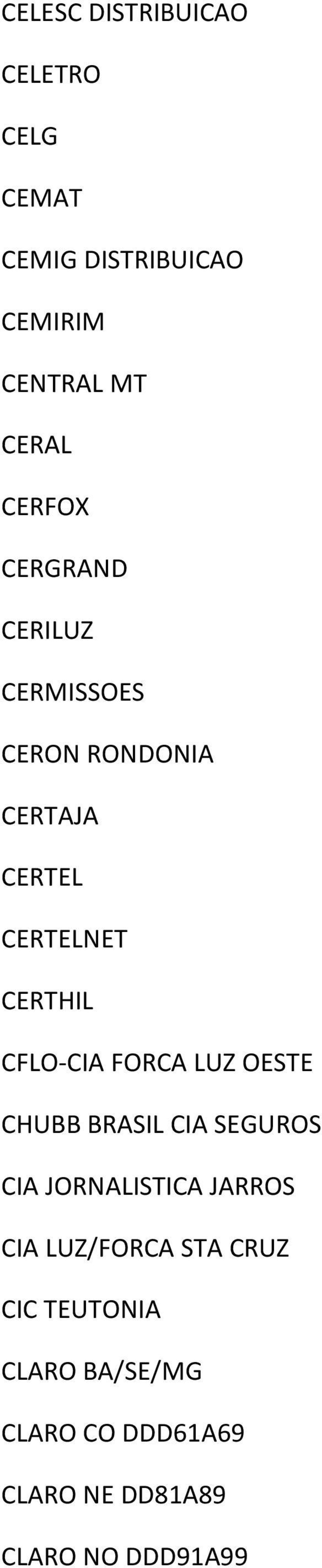 CFLO-CIA FORCA LUZ OESTE CHUBB BRASIL CIA SEGUROS CIA JORNALISTICA JARROS CIA