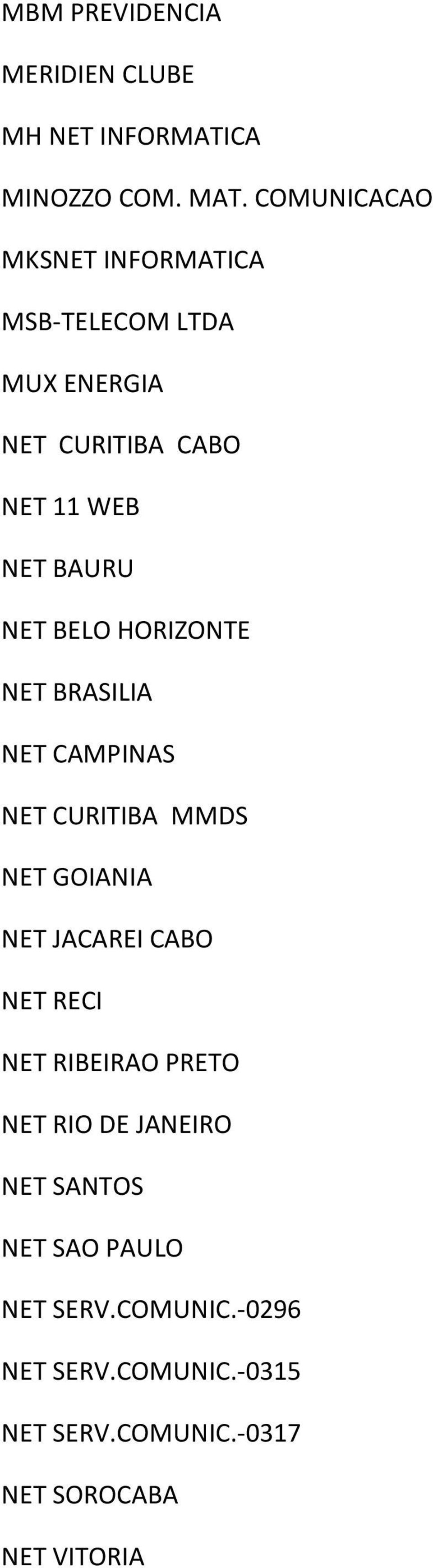 BELO HORIZONTE NET BRASILIA NET CAMPINAS NET CURITIBA MMDS NET GOIANIA NET JACAREI CABO NET RECI NET