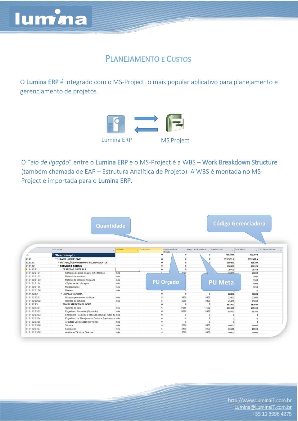 Lumina ERP MS Project O elo de ligação entre o Lumina ERP e o MS-Project é a WBS Work Breakdown