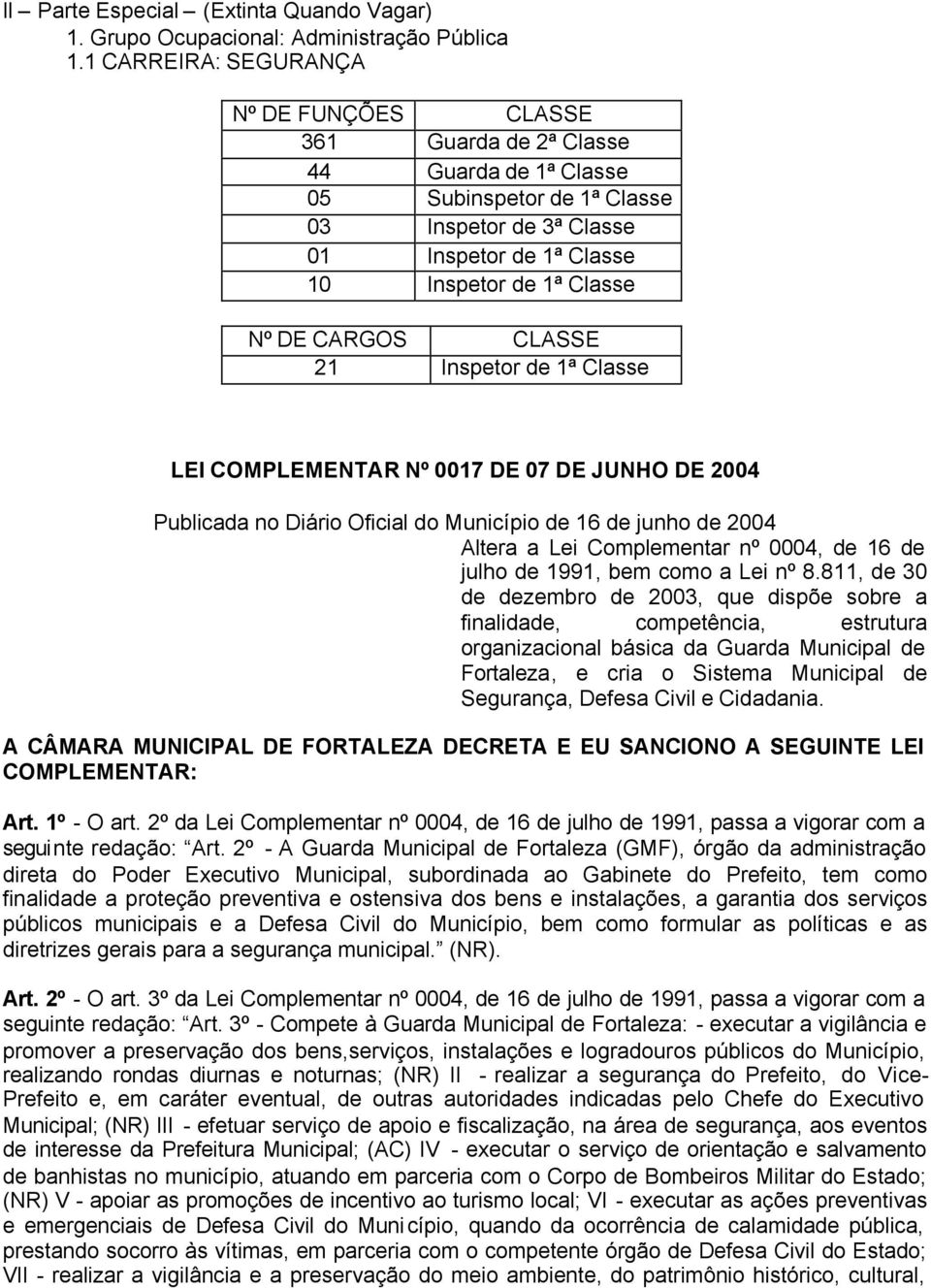 CARGOS CLASSE 21 Inspetor de 1ª Classe LEI COMPLEMENTAR Nº 0017 DE 07 DE JUNHO DE 2004 Publicada no Diário Oficial do Município de 16 de junho de 2004 Altera a Lei Complementar nº 0004, de 16 de