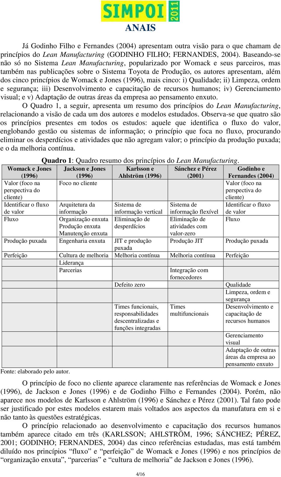 princípios de Womack e Jones (1996), mais cinco: i) Qualidade; ii) Limpeza, ordem e segurança; iii) Desenvolvimento e capacitação de recursos humanos; iv) Gerenciamento visual; e v) Adaptação de