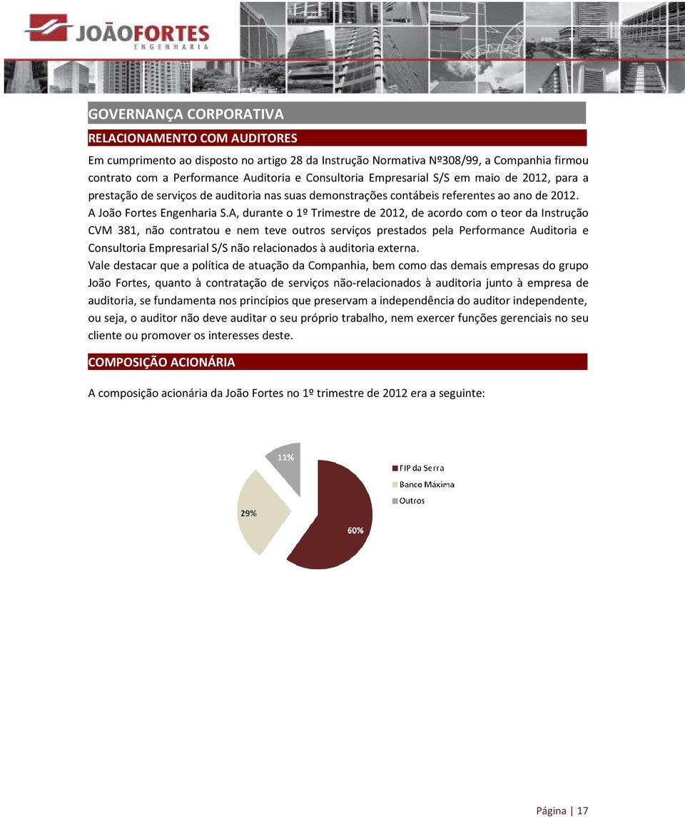 prestação de serviços de auditoria nas suas demonstrações contábeis referentes ao ano de 2012. A João Fortes Engenharia S.