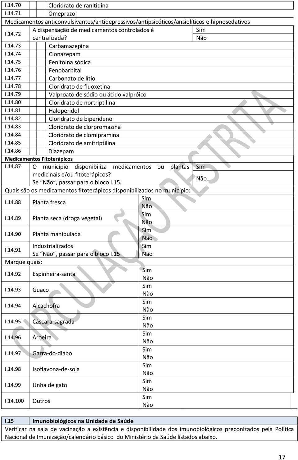 14.81 Haloperidol I.14.82 Cloridrato de biperideno I.14.83 Cloridrato de clorpromazina I.14.84 Cloridrato de clomipramina I.14.85 Cloridrato de amitriptilina I.14.86 iazepam Medicamentos Fitoterápicos I.