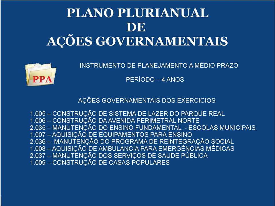 035 MANUTENÇÃO DO ENSINO FUNDAMENTAL - ESCOLAS MUNICIPAIS 1.007 AQUISIÇÃO DE EQUIPAMENTOS PARA ENSINO 2.
