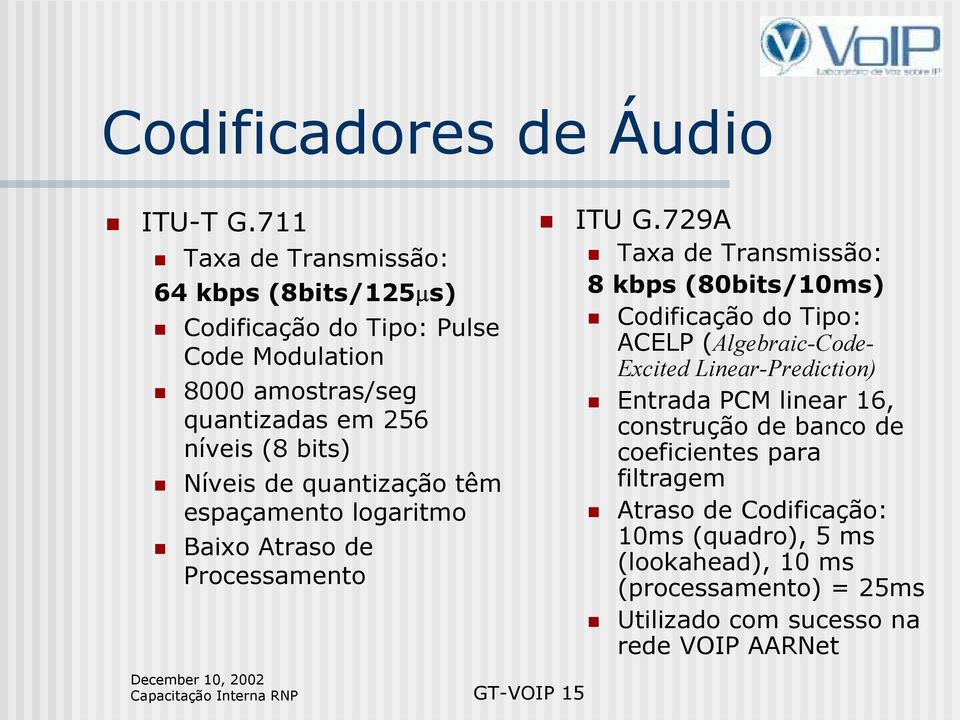 quantização têm espaçamento logaritmo Baixo Atraso de Processamento Capacitação Interna RNP GT-VOIP 15 ITU G.