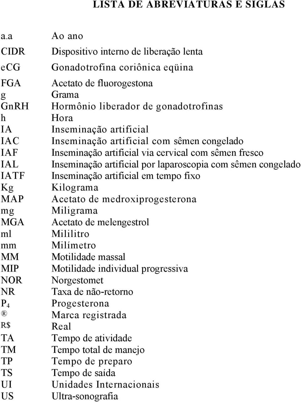 IAC Inseminação artificial com sêmen congelado IAF Inseminação artificial via cervical com sêmen fresco IAL Inseminação artificial por laparoscopia com sêmen congelado IATF Inseminação artificial em