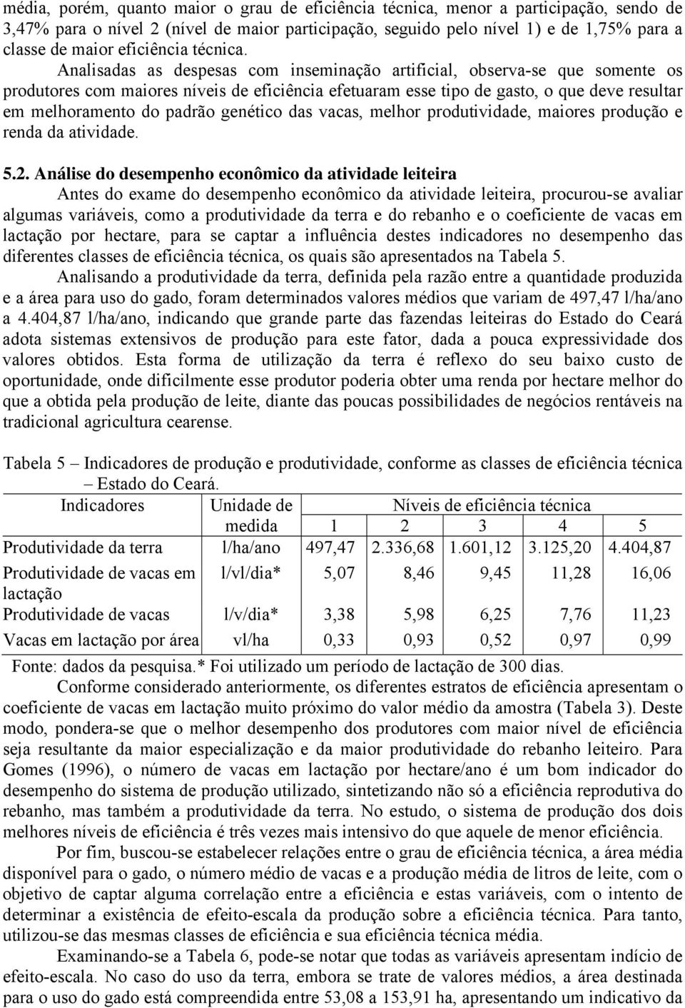 Analisadas as despesas com inseminação artificial, observa-se que somente os produtores com maiores níveis de eficiência efetuaram esse tipo de gasto, o que deve resultar em melhoramento do padrão