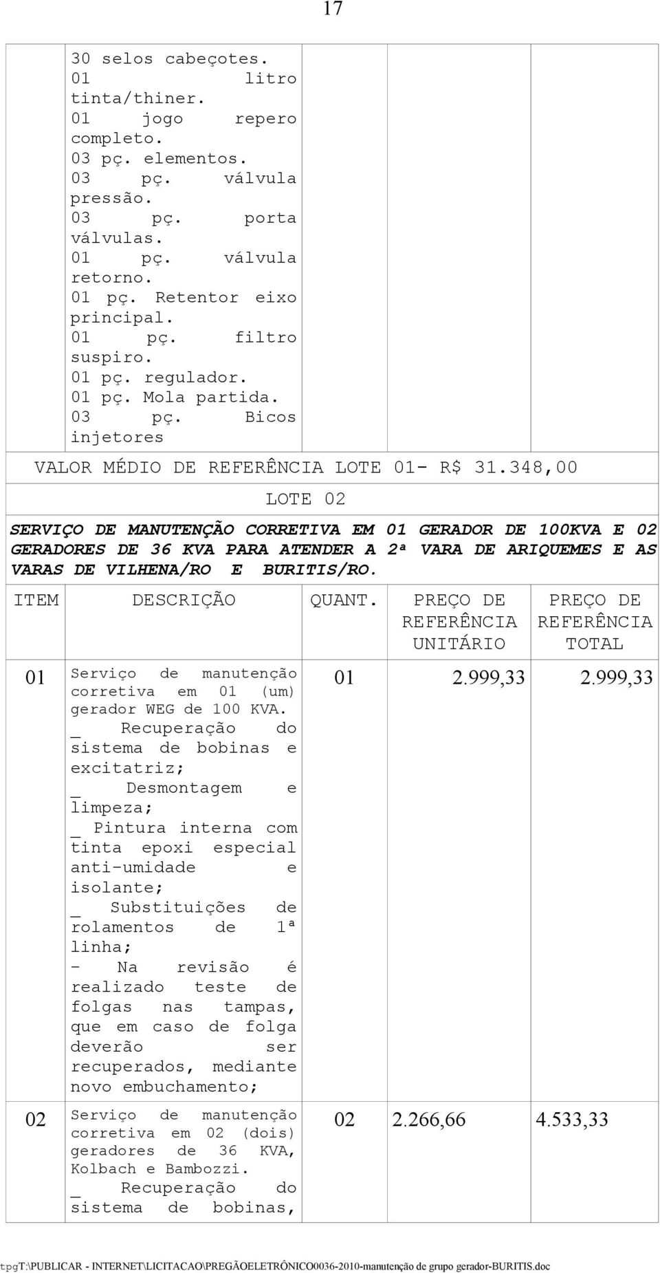 348,00 LOTE 02 SERVIÇO DE MANUTENÇÃO CORRETIVA EM 01 GERADOR DE 100KVA E 02 GERADORES DE 36 KVA PARA ATENDER A 2ª VARA DE ARIQUEMES E AS VARAS DE VILHENA/RO E BURITIS/RO. ITEM DESCRIÇÃO QUANT.