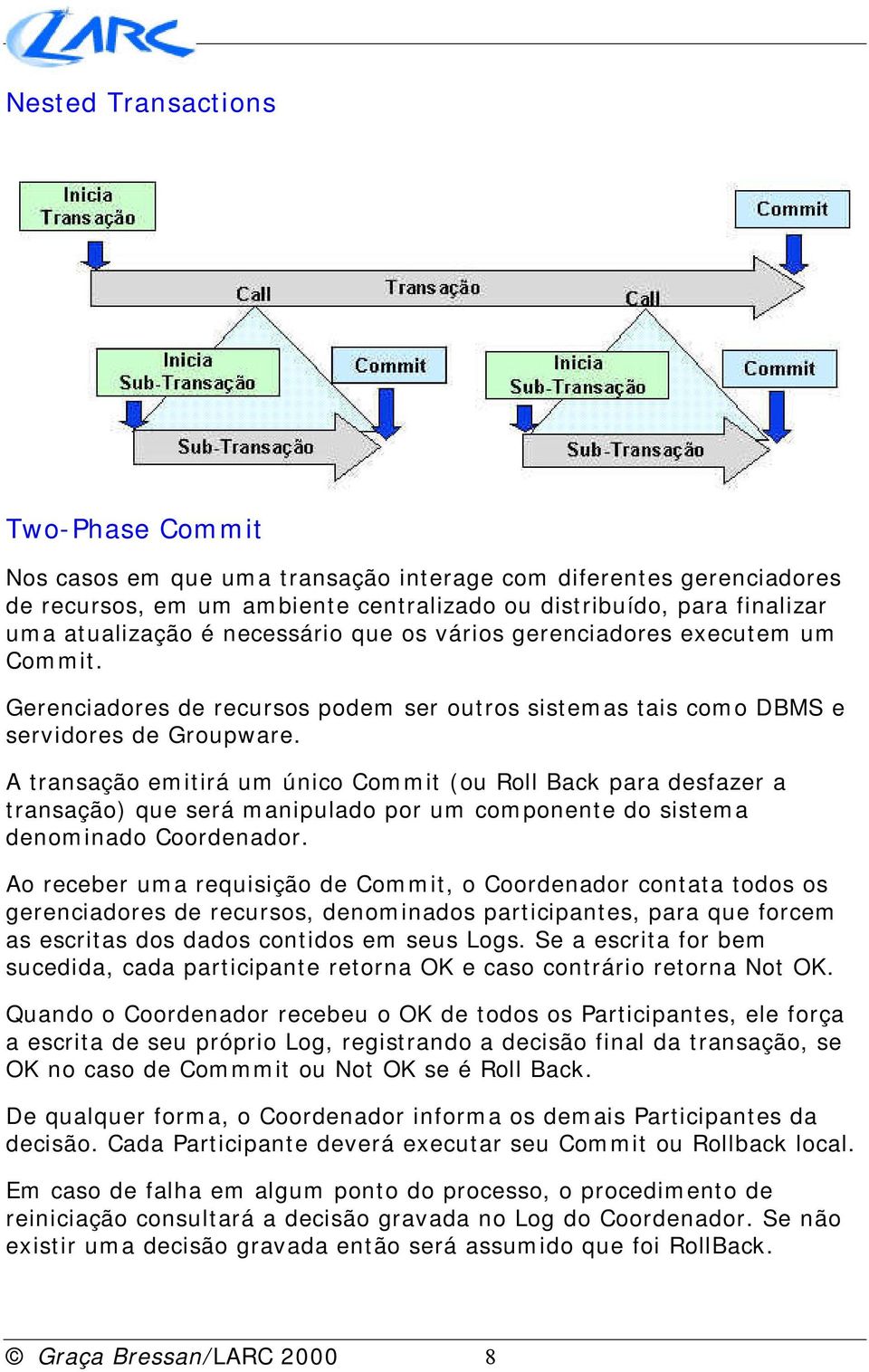 A transação emitirá um único Commit (ou Roll Back para desfazer a transação) que será manipulado por um componente do sistema denominado Coordenador.