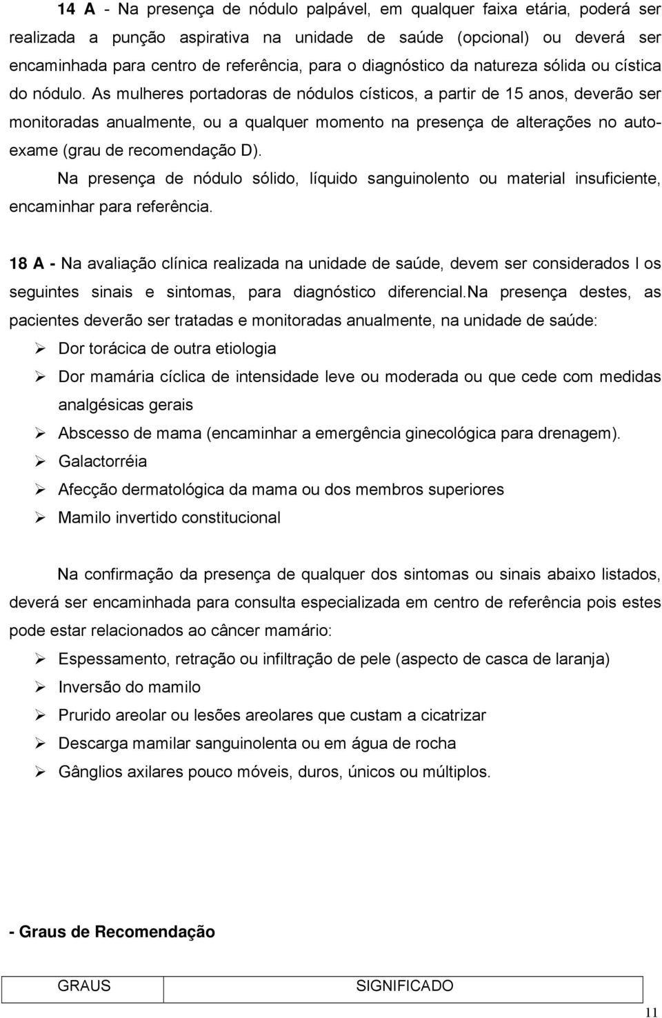 As mulheres portadoras de nódulos císticos, a partir de 15 anos, deverão ser monitoradas anualmente, ou a qualquer momento na presença de alterações no autoexame (grau de recomendação D).