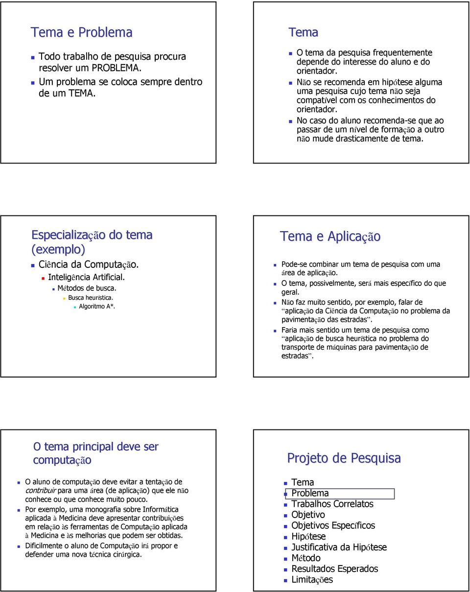 No caso do aluno recomenda-se que ao passar de um nível de formação a outro não mude drasticamente de tema. Especializaçã ção o do tema (exemplo) Ciência da Computação. Inteligência Artificial.