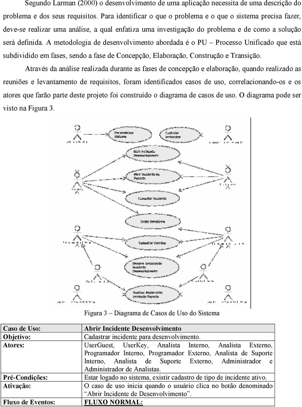 A metodologia de desenvolvimento abordada é o PU Processo Unificado que está subdividido em fases, sendo a fase de Concepção, Elaboração, Construção e Transição.