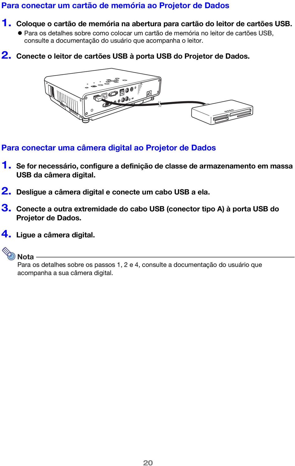 Conecte o leitor de cartões USB à porta USB do Projetor de Dados. Para conectar uma câmera digital ao Projetor de Dados 1.