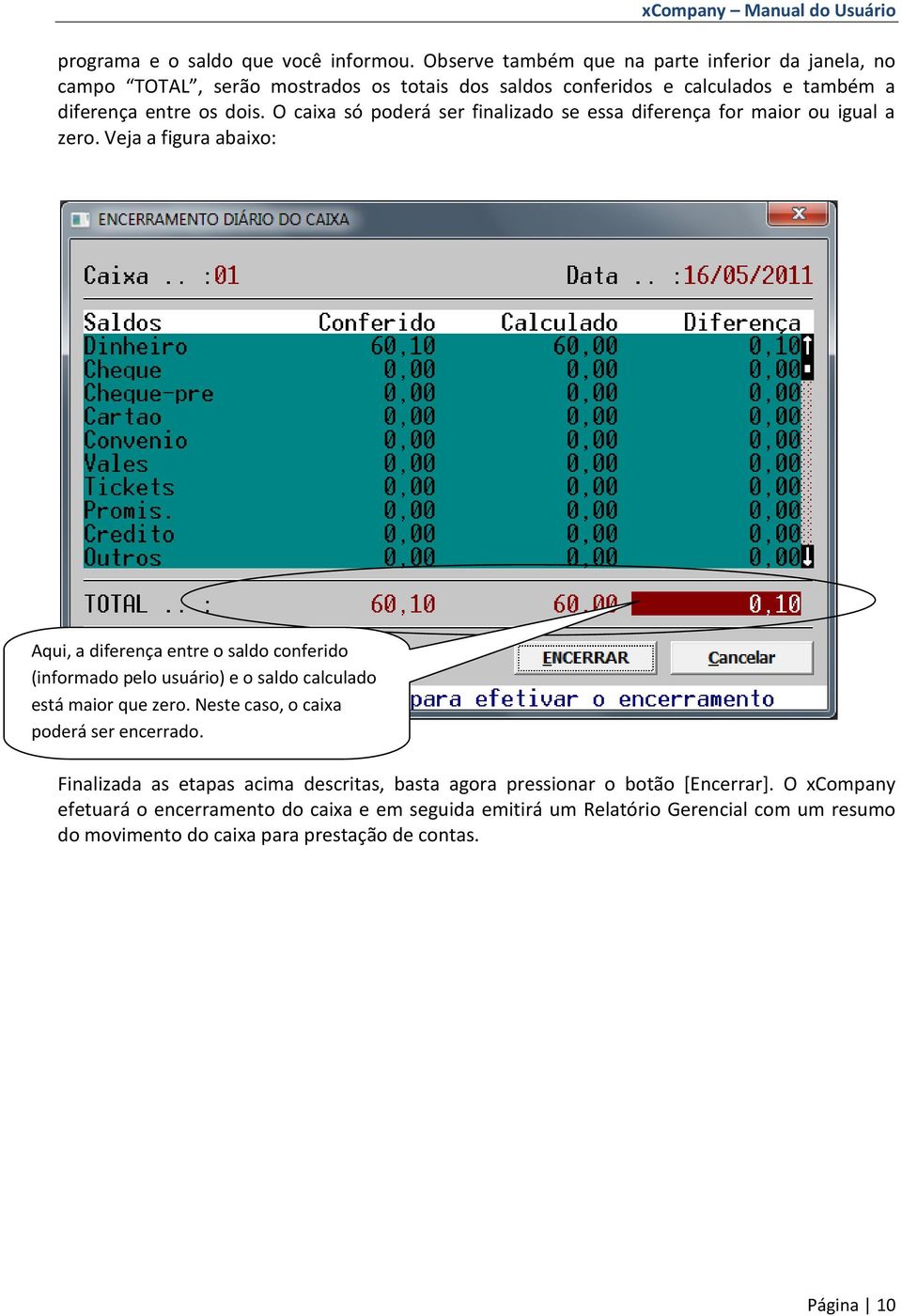 O caixa só poderá ser finalizado se essa diferença for maior ou igual a zero.