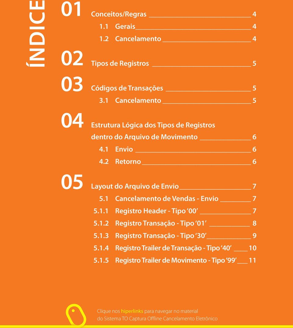 1 Cancelamento de Vendas - Envio 7 5.1.1 Registro Header - Tipo 00 7 5.1.2 Registro Transação - Tipo 01 8 5.1.3 Registro Transação - Tipo 30 9 5.1.4 Registro Trailer de Transação - Tipo 40 10 5.