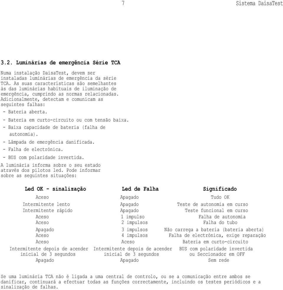 Adicionalmente, detectam e comunicam as seguintes falhas: - Bateria aberta. - Bateria em curto-circuito ou com tensão baixa. - Baixa capacidade de bateria (falha de autonomia).