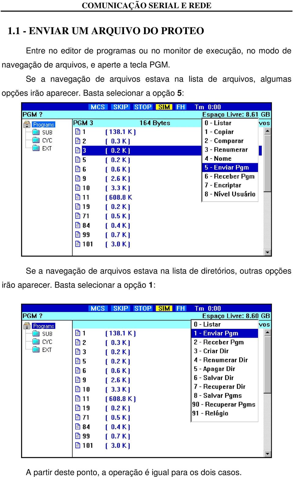 Se a navegação de arquivos estava na lista de arquivos, algumas opções irão aparecer.