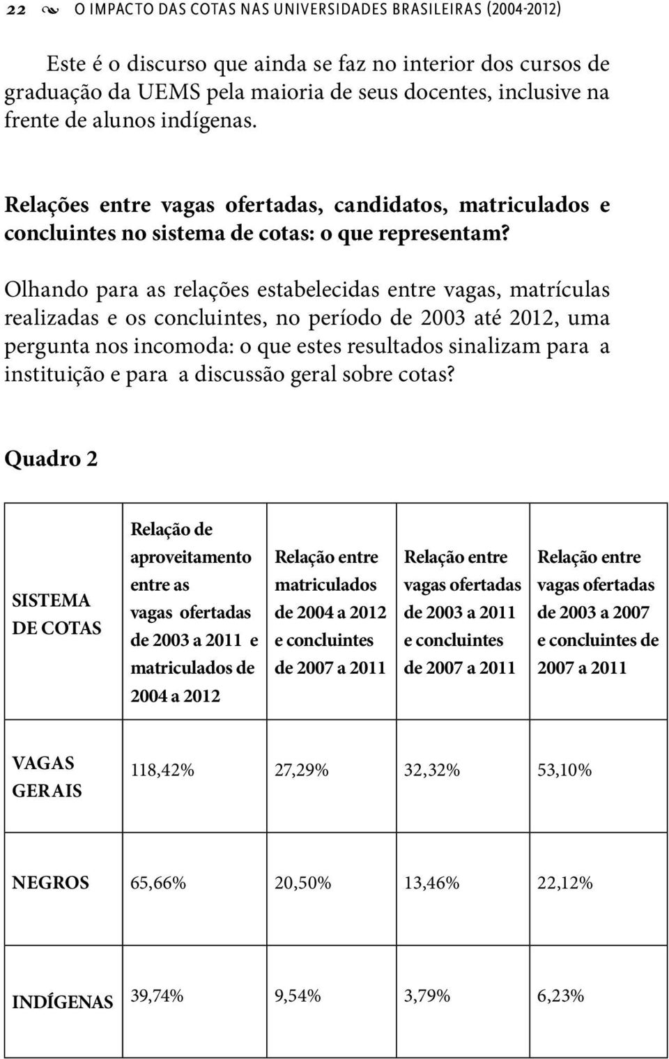 Olhando para as relações estabelecidas entre vagas, matrículas realizadas e os concluintes, no período de 2003 até 2012, uma pergunta nos incomoda: o que estes resultados sinalizam para a instituição