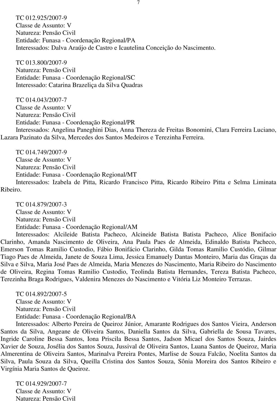 043/2007-7 Classe de Assunto: V Natureza: Pensão Civil Entidade: Funasa - Coordenação Regional/PR Interessados: Angelina Paneghini Dias, Anna Thereza de Freitas Bonomini, Clara Ferreira Luciano,