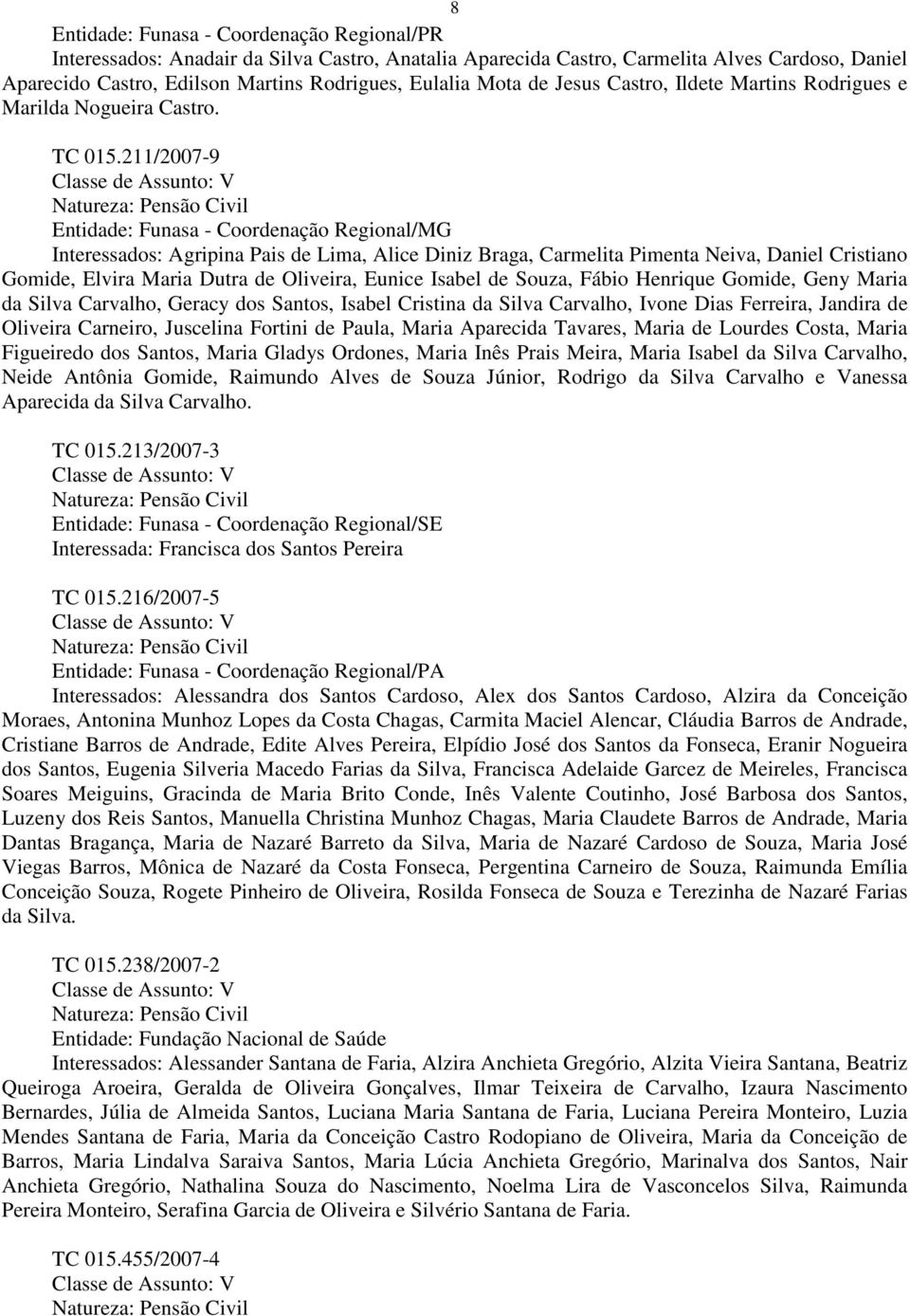 211/2007-9 Classe de Assunto: V Natureza: Pensão Civil Entidade: Funasa - Coordenação Regional/MG Interessados: Agripina Pais de Lima, Alice Diniz Braga, Carmelita Pimenta Neiva, Daniel Cristiano