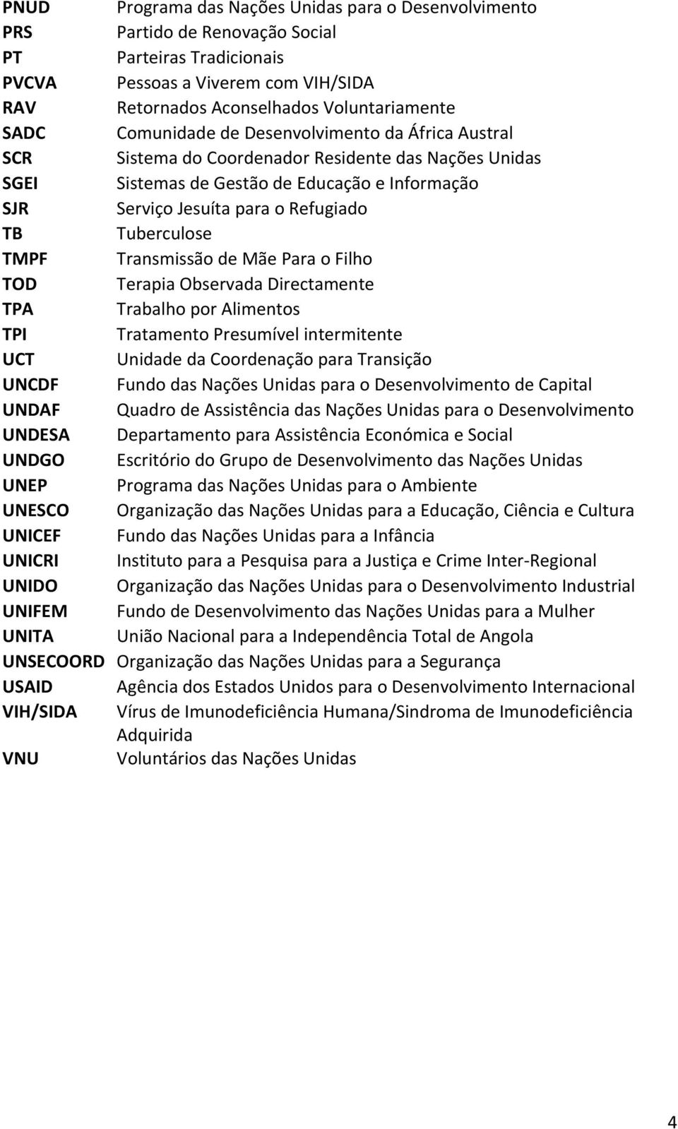 Tuberculose TMPF Transmissão de Mãe Para o Filho TOD Terapia Observada Directamente TPA Trabalho por Alimentos TPI Tratamento Presumível intermitente UCT Unidade da Coordenação para Transição UNCDF