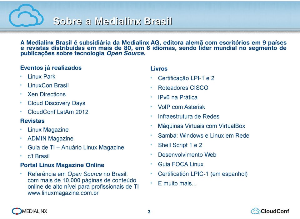 Eventos já realizados Livros Linux Park Certificação LPI-1 e 2 LinuxCon Brasil Xen Directions Roteadores CISCO Cloud Discovery Days IPv6 na Prática CloudConf LatAm 2012 VoIP com Asterisk